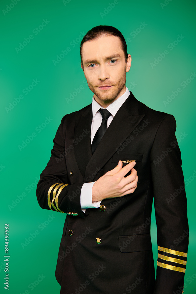 Handsome male pilot in a suit and tie posing on a green backdrop. Handsome male pilot in a suit and tie posing on a green backdrop.