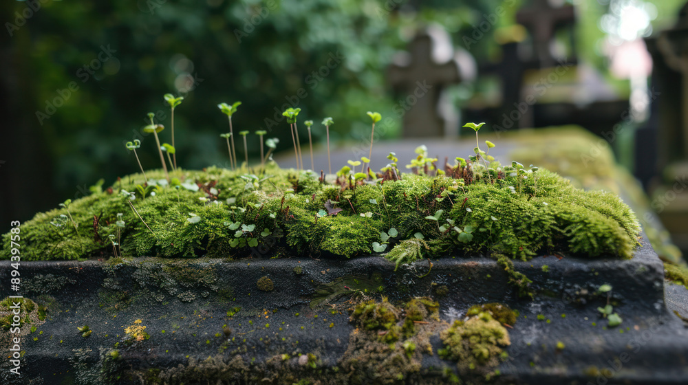 Moss and Seedlings Growing on a Tombstone