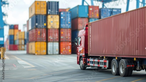 Portside Freight Hauler, A large truck stands at the dock, prepared for cargo loading, ample space for text, vibrant details, inviting depth of field, bustling maritime backdrop.