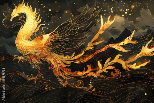 Golden Phoenix in Flight Against a Starry Night