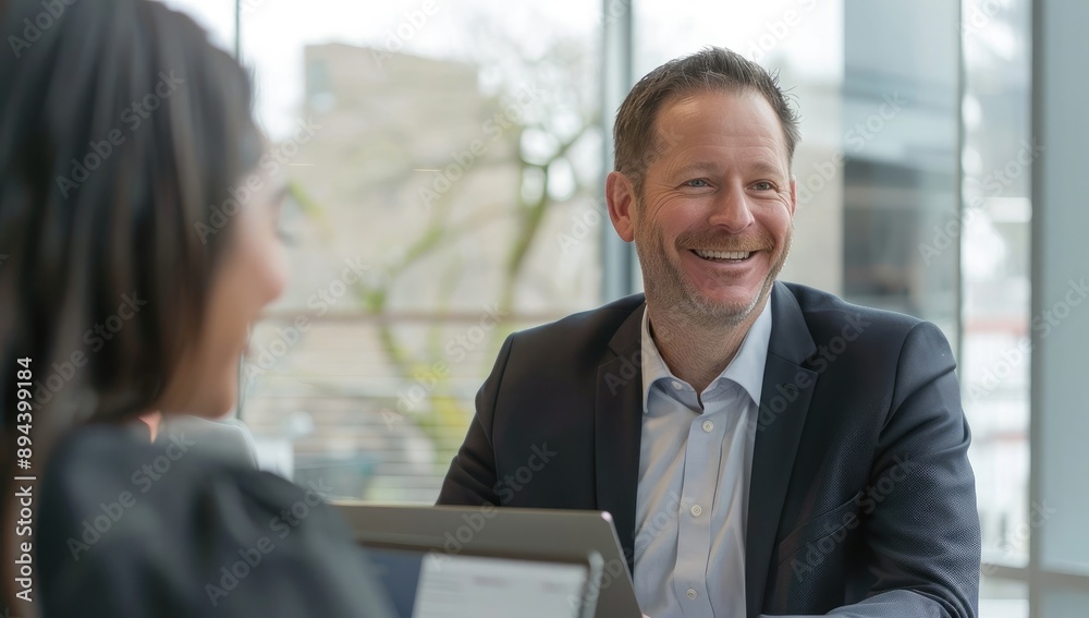 A handsome man in his late thirties wearing business attire is sitting at an office desk, smiling and looking over the shoulder of another person A handsome man in his late thirties wearing business attire is sitting at an office desk, smiling and looking over the shoulder of another person