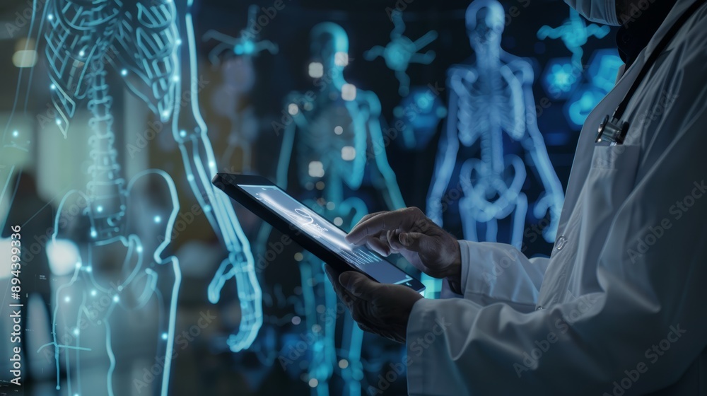 Fototapeta premium Medical technology concept. doctor using tablet is showing digital hologram icons and medical symbols on the touch screen in the style of future technology in healthcare concept.