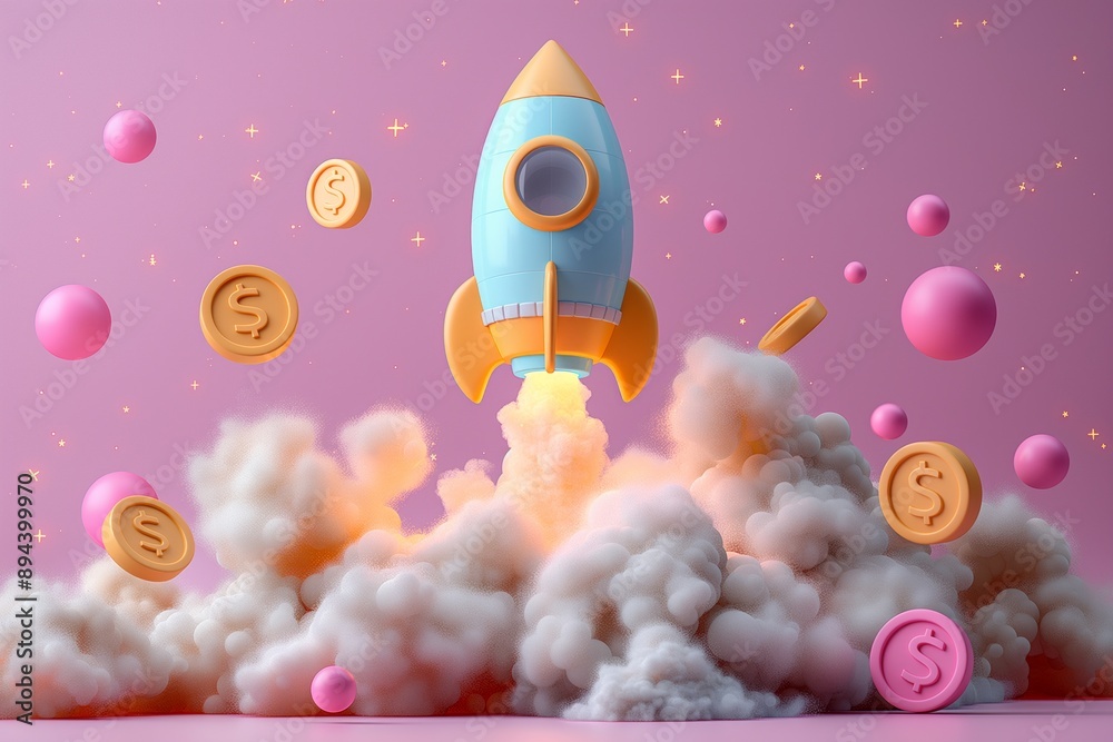 Fototapeta premium Pink and gold dominate this rocket's ascent into fluffy clouds