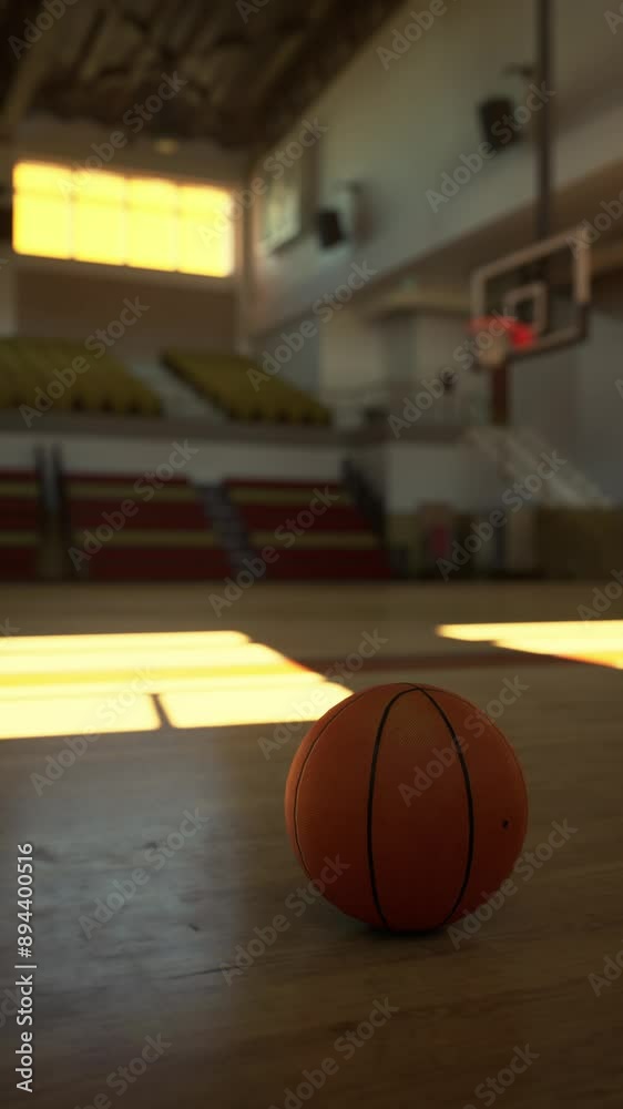 A basketball is left idle on the wooden floor of an empty college basketball court.