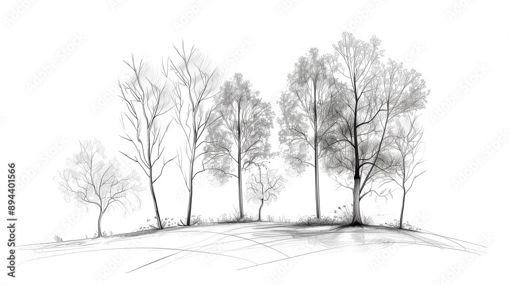 Obraz premium minimalistic black and white line drawing of various trees on a landscape with delicate and intricate details