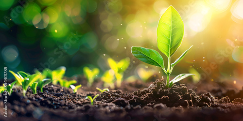 New sprout growing in soil with blurred green background, Young plants grow in soil that contains nutrients, Young plant sprouting