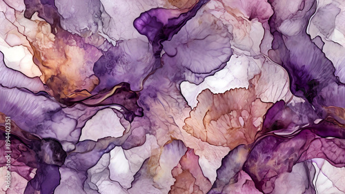 Abstrakcyjne tło kwiatowe - tusz alkoholowy. Jasne nowoczesne malarstwo - sztuka. Fale i nieregularne kształty, delikatne odcienie fioletowych pasteli