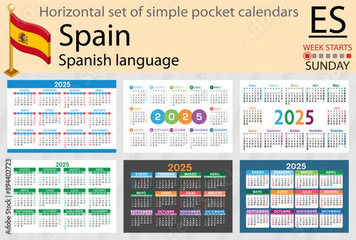 Spanish horizontal set of pocket calendar for 2025. Week starts Sunday