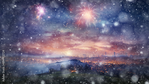 winter fireworks over the city panoramic view of the sky with fireworks flashes, christmas background with snow, winter abstract holiday blank snowfall © kichigin19