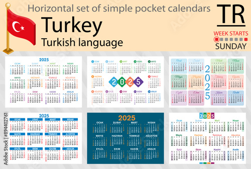 Turkish horizontal set of pocket calendar for 2025. Week starts Sunday