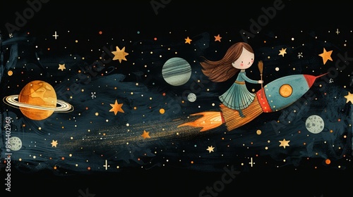 A girl riding a rocket through space, surrounded by stars and planets, with a dark background. watercolor illustration.