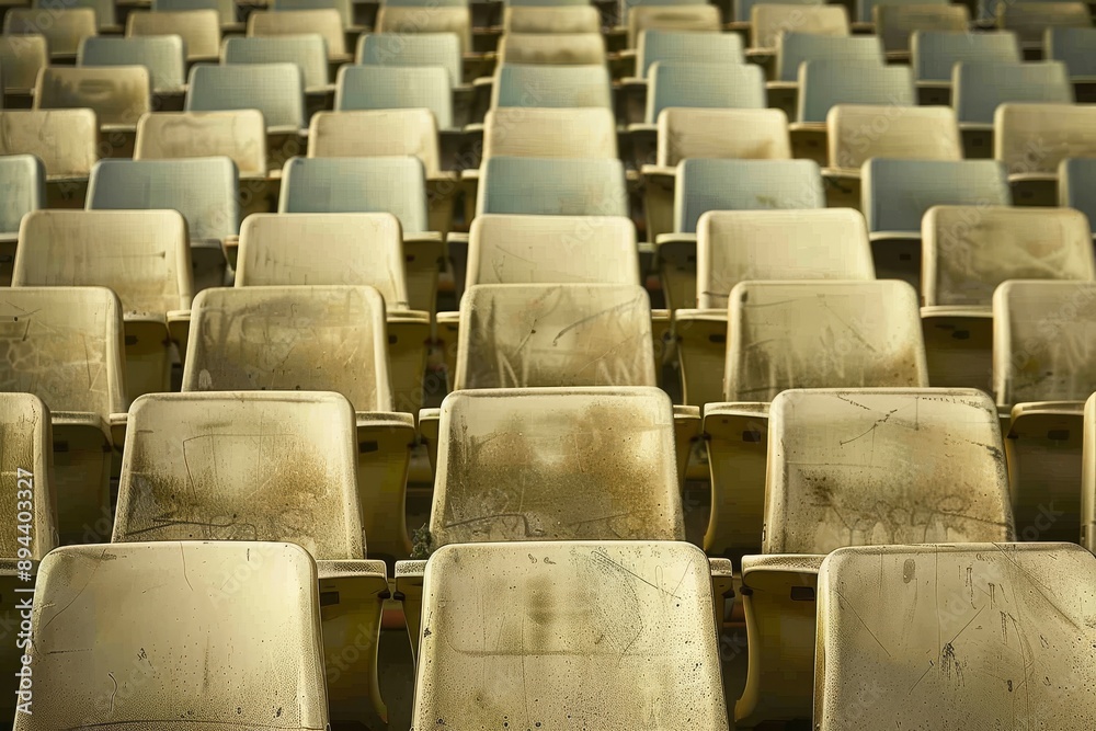 Fototapeta premium Empty stands and seats for fans and fans in the open-air stadium. Lack of fans during the pandemic.. Beautiful simple AI generated image in 4K, unique.