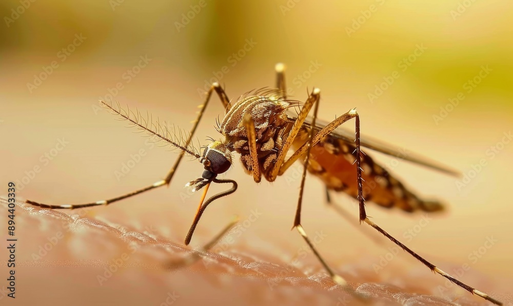 Naklejka premium Summer Insect Invasion: Mosquito Bites and Bug Encounters in Vibrant Detail. AI-Generated 4K Wallpaper Illustrating the Pesky Side of Warm Weather. Close-up View of Biting Insects, Skin Reactions, and