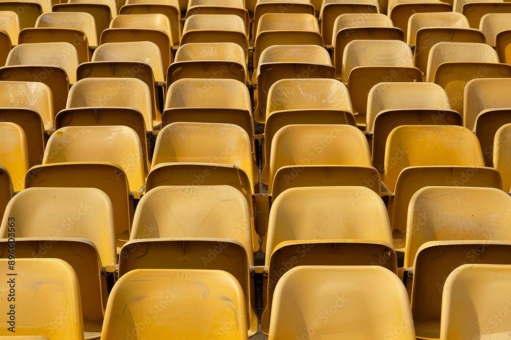 Fototapeta premium Close-up taken of empty blue stadium seats with no people around. Beautiful simple AI generated image in 4K, unique.