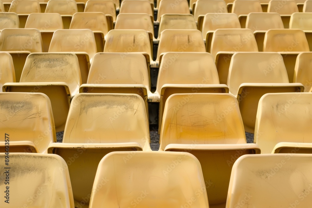 Fototapeta premium Close-up taken of empty blue stadium seats with no people around. Beautiful simple AI generated image in 4K, unique.