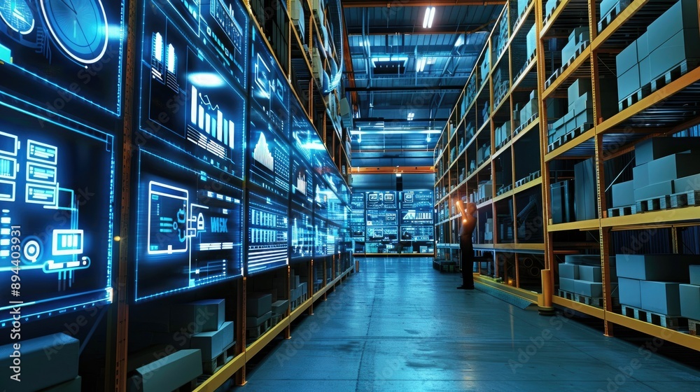 Interior of a futuristic warehouse with digital inventory displays Interior of a futuristic warehouse with digital inventory displays
