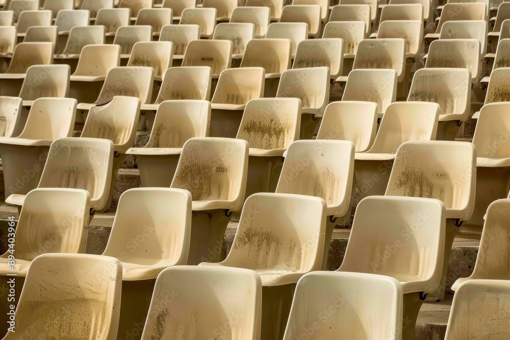 Fototapeta premium Empty stands and seats for fans and fans in the open-air stadium. Lack of fans during the pandemic.. Beautiful simple AI generated image in 4K, unique.