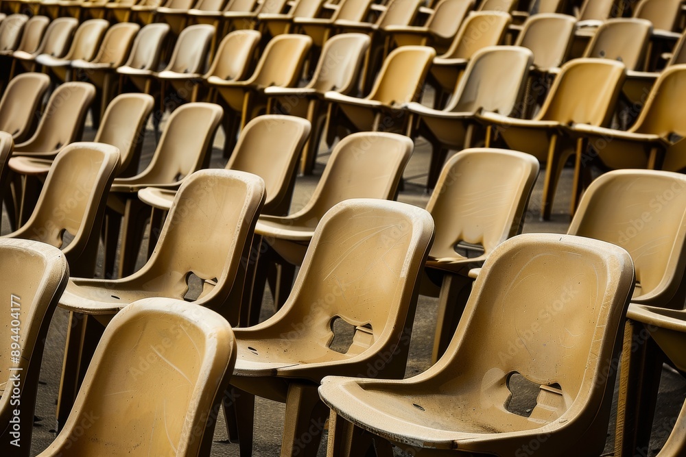 Obraz premium Close-up taken of empty blue stadium seats with no people around. Beautiful simple AI generated image in 4K, unique.