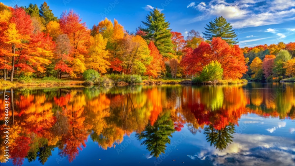Vibrant orange, yellow, and red tree leaves mirror perfectly in serene pond water on a crisp, sunny New England autumn morning. Vibrant orange, yellow, and red tree leaves mirror perfectly in serene pond water on a crisp, sunny New England autumn morning.