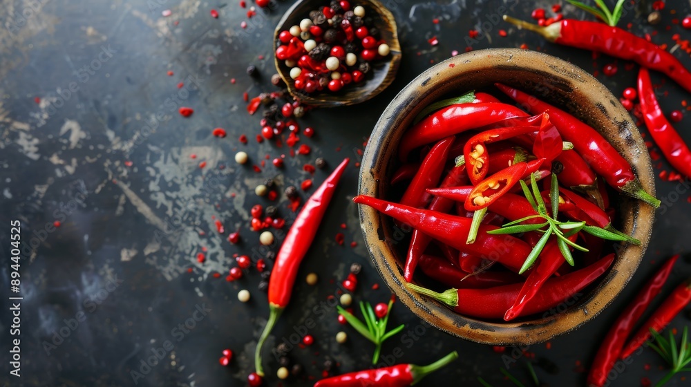 Red Chili Peppers and Peppercorns on Dark Surface Red Chili Peppers and Peppercorns on Dark Surface