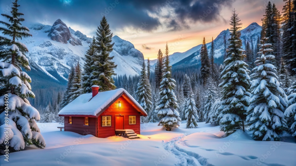 Cozy secluded red cabin surrounded by snow-covered evergreen trees in a serene winter wonderland mountain landscape at dusk. Cozy secluded red cabin surrounded by snow-covered evergreen trees in a serene winter wonderland mountain landscape at dusk.