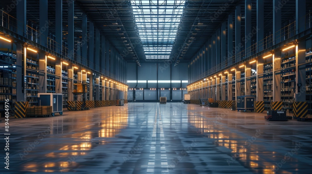 Interior of a futuristic warehouse with digital inventory displays Interior of a futuristic warehouse with digital inventory displays