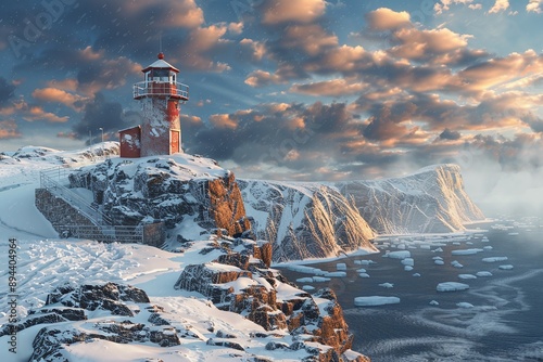 ai generative lighthouse in winter on the edge of the rocky beach with a beautiful view