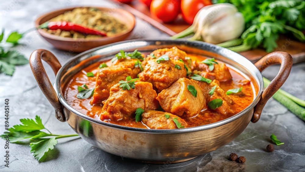 Savory white chicken karahi dish served in a traditional Indian handi, garnished with fresh cilantro and herbs on a marble table. Savory white chicken karahi dish served in a traditional Indian handi, garnished with fresh cilantro and herbs on a marble table.