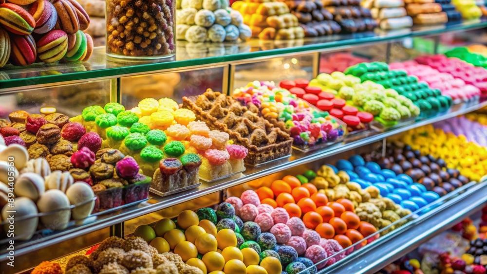 Colorful sweets overflowing from a glass case lure a hungry passerby's attention, tantalizing treats of sugary bliss on open display. Colorful sweets overflowing from a glass case lure a hungry passerby's attention, tantalizing treats of sugary bliss on open display.