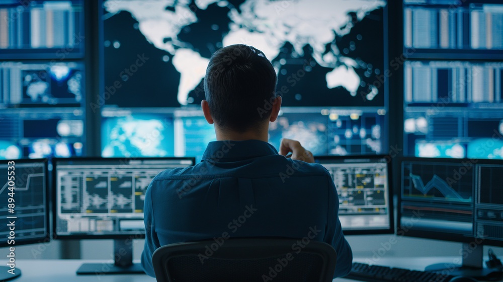 Global Network Security: A lone cybersecurity professional monitors a vast network of screens displaying a world map, representing global connectivity and the crucial role of cybersecurity Global Network Security: A lone cybersecurity professional monitors a vast network of screens displaying a world map, representing global connectivity and the crucial role of cybersecurity
