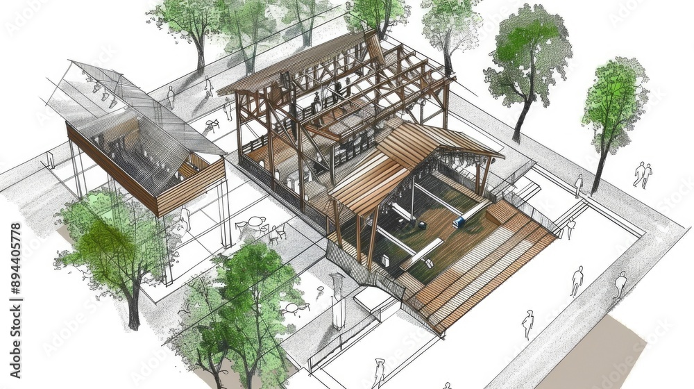 Fototapeta premium Music venue: architectural drawing of an open-air theater, wood, metal, space, seating, stage, trees, lighting, aerial view