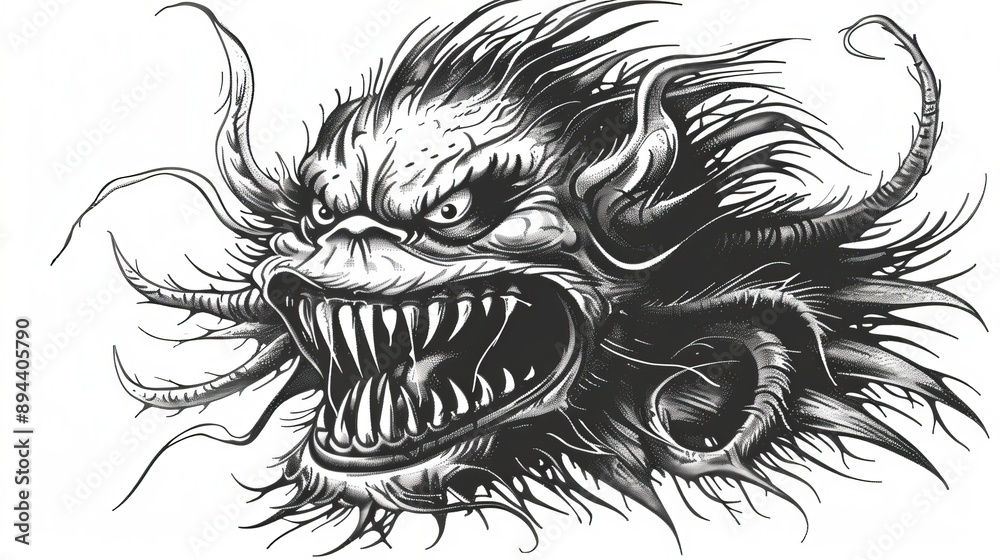 Obraz premium Black And White Dragon Head Illustration