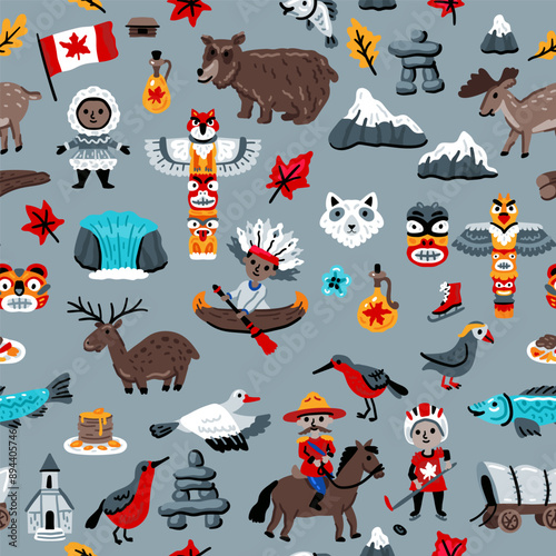 Cartoon doodles Canada seamless pattern. Backdrop with local Canadian culture symbols and items. Colorful background for print on fabric, textile