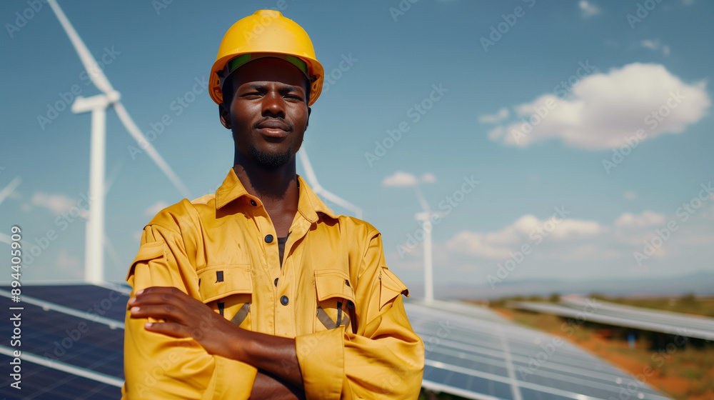 Portrait of an African male worker in front, arms crossed and wearing safety helmet standing with solar panels and wind turbines on background, Portrait of an African male worker in front, arms crossed and wearing safety helmet standing with solar panels and wind turbines on background,