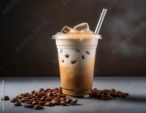 iced cappuccino with plastic cup and straw in studio photo