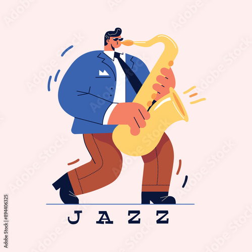 Jazz saxophone player. Cartoon flat character. Isolated. Vector illustration, creative banner
