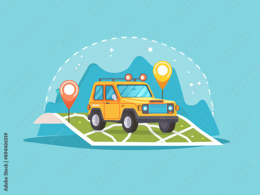 Cartoon car map navigation self-driving Cartoon car map navigation self-driving