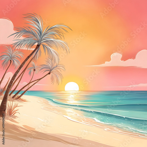 A serene illustration of the Maldives at sunset