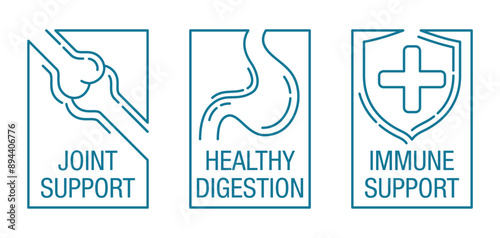 Healthy Digestion, Joint and Immune Support icons in thin separated line