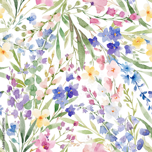 Beautiful vector floral seamless pattern with watercolor hand drawn flowers. Stock background design print.