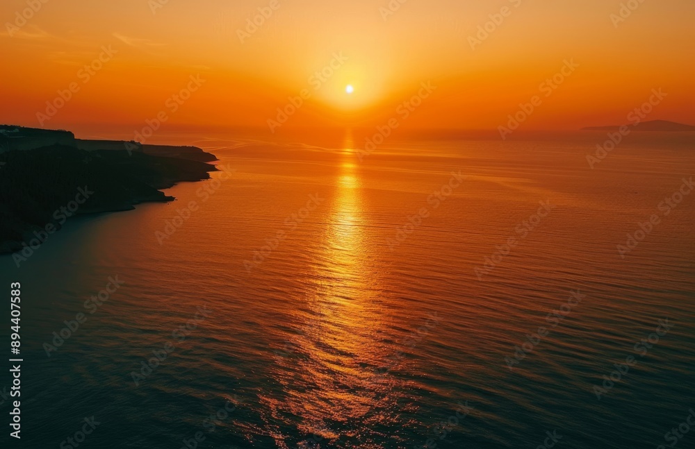 Panoramic View of Sunset Over the Sea with Reflective Ripples and Distant Islands, Captured in Stunning Detail Panoramic View of Sunset Over the Sea with Reflective Ripples and Distant Islands, Captured in Stunning Detail