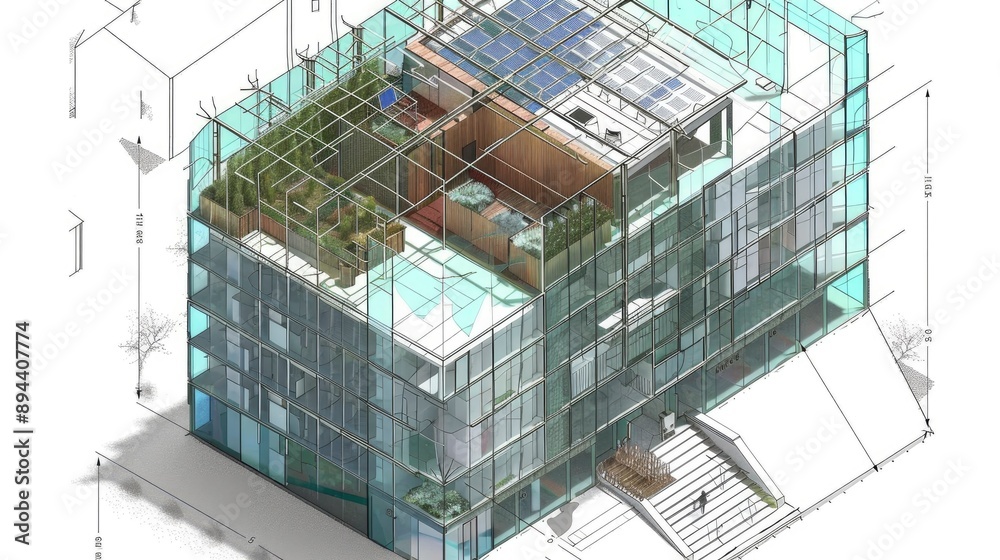 Urban office: architectural drawing of a modern office building, glass ...