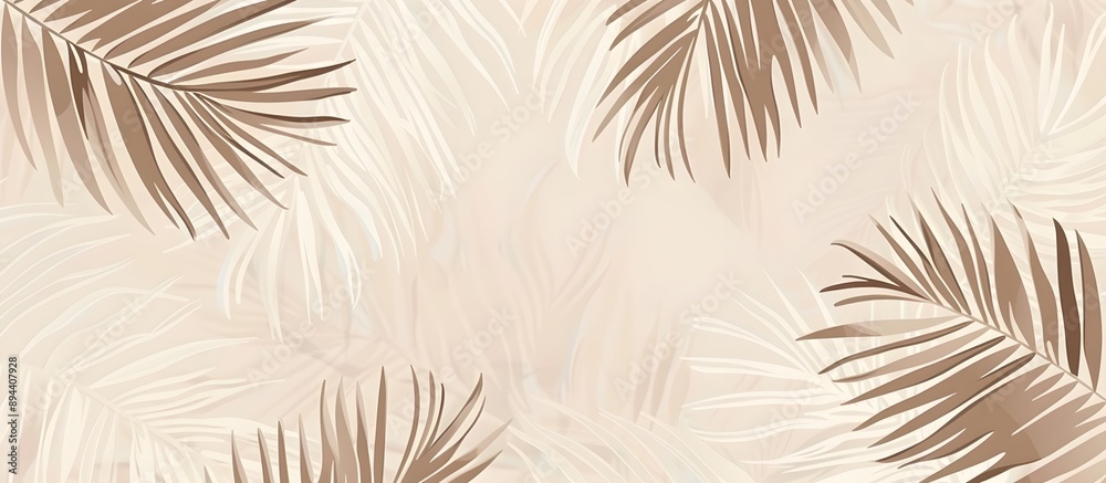 Obraz premium A seamless pattern with delicate white lines, creating an elegant outline of palm leaves on a pale beige background. Their gentle curves add movement and fluidity to the design. Artwork, a digital ill