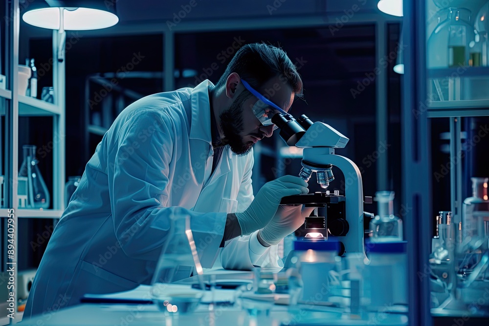 Scientist examining samples under microscope in lab Scientist examining samples under microscope in lab