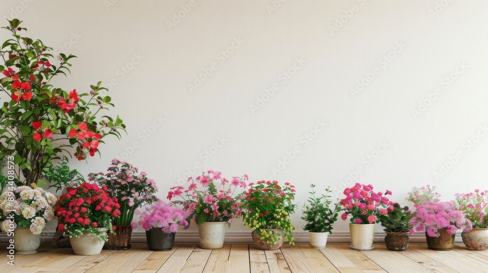 Colorful Flowers in Pots against White Wall of Copy Space Colorful Flowers in Pots against White Wall of Copy Space