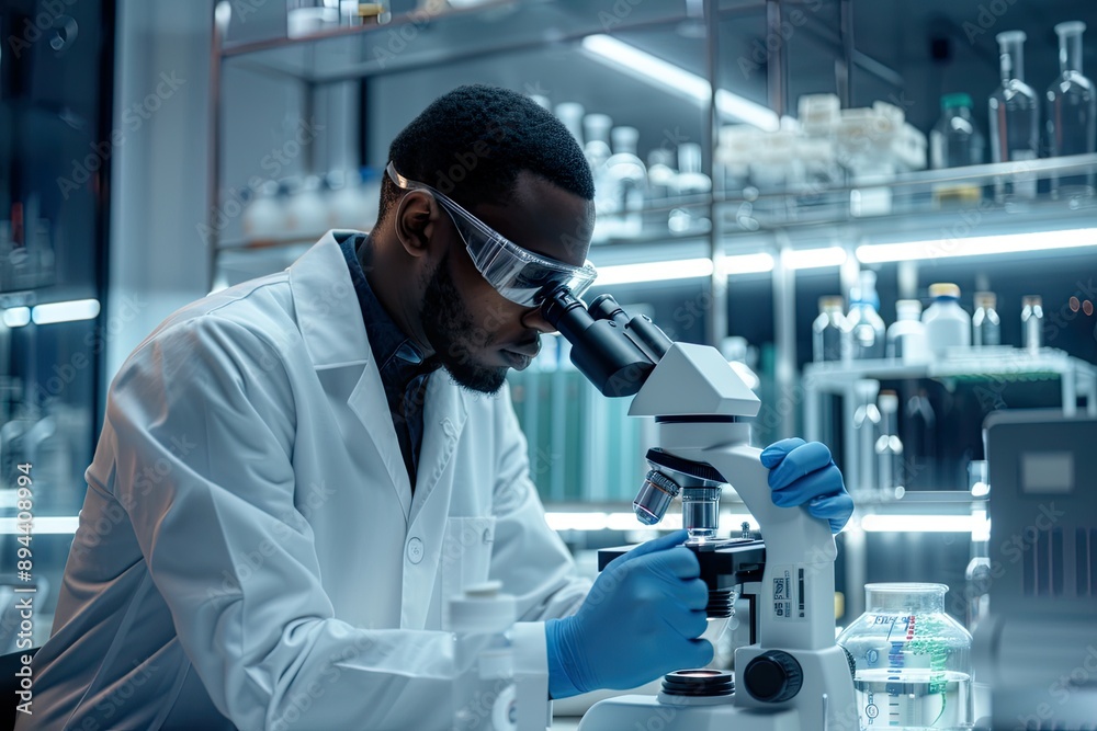 Scientist examining samples under microscope in lab Scientist examining samples under microscope in lab