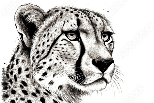 Black and white Vintage engraved art of a close-up portrait of a cheetah isolated on white background, ink sketch illustration, simple vector art design, highly detailed line art, high contrasty