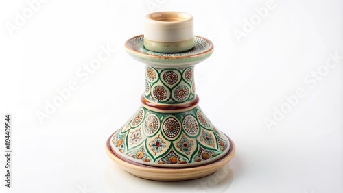 Elegant ceramic handmade candlestick with intricate patterns and subtle color palette placed on a clean white background, evoking warmth and serenity.