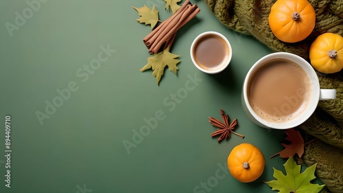 Crisp Fall morning aesthetic: From top view, brown knitted sweater, a hot coffee cup, raw pattypans, acorn, cinnamon sticks, maple leaves, dried orange slice on green backdrop, offering space for text photo