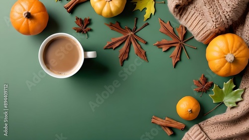 Crisp Fall morning aesthetic: From top view, brown knitted sweater, a hot coffee cup, raw pattypans, acorn, cinnamon sticks, maple leaves, dried orange slice on green backdrop, offering space for text photo